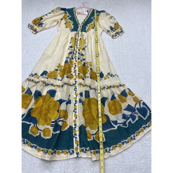 Farm Rio Anthropologie Midi Dress Ivory Puff Sleeve Preppy Retro Boho Small NWT - Picture 4 of 15